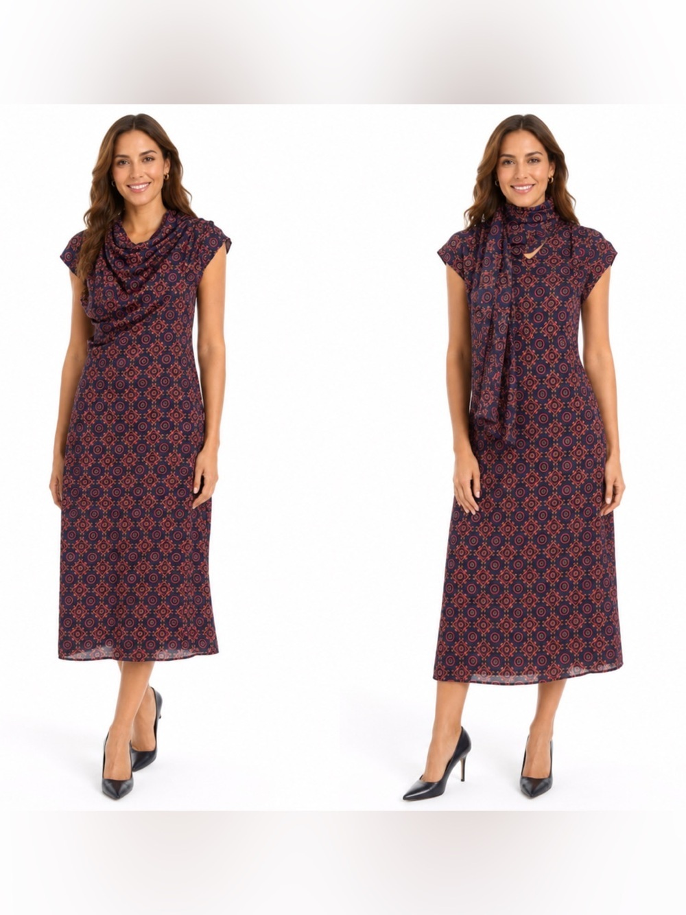 NWT Club Monaco Navy and Rust Geometric Maxi Dress with Scarf